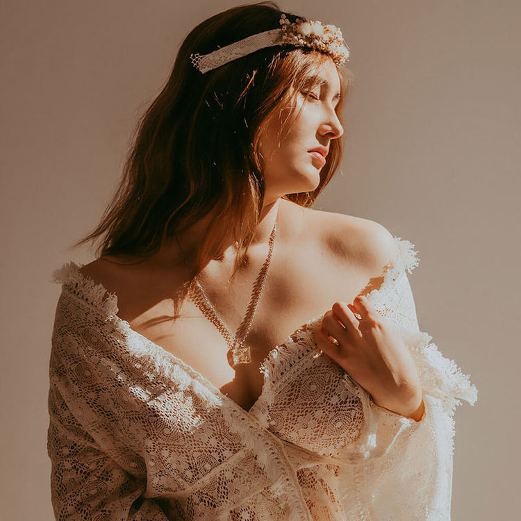 Lace Flower - square pressed queen anne lace flower glass pendant necklace worn on model by Peacock and Lime