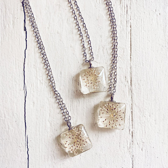 Lace Flower - square pressed queen anne lace flower glass pendant necklaces by Peacock and Lime