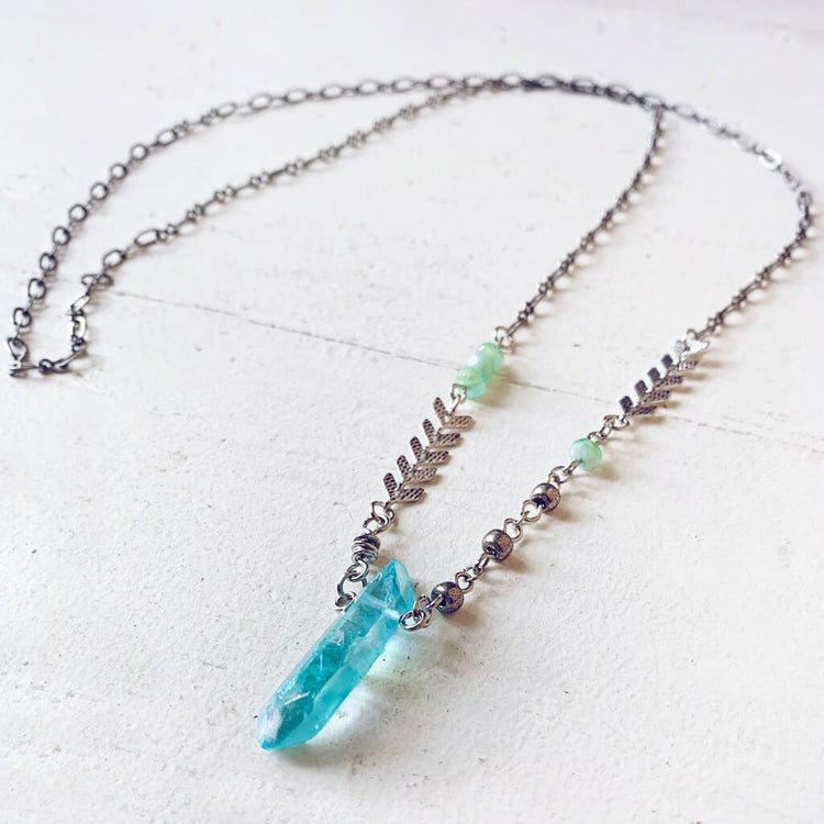 aqua aura // blue quartz crystal pendant necklace by Peacock & Lime