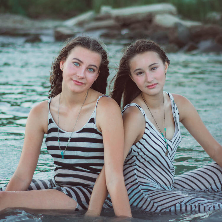 aqua aura // blue quartz crystal pendant necklace worn on model by Peacock & Lime