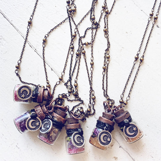 bewitch // mini spell jar glass bottle pendant necklaces by Peacock and Lime