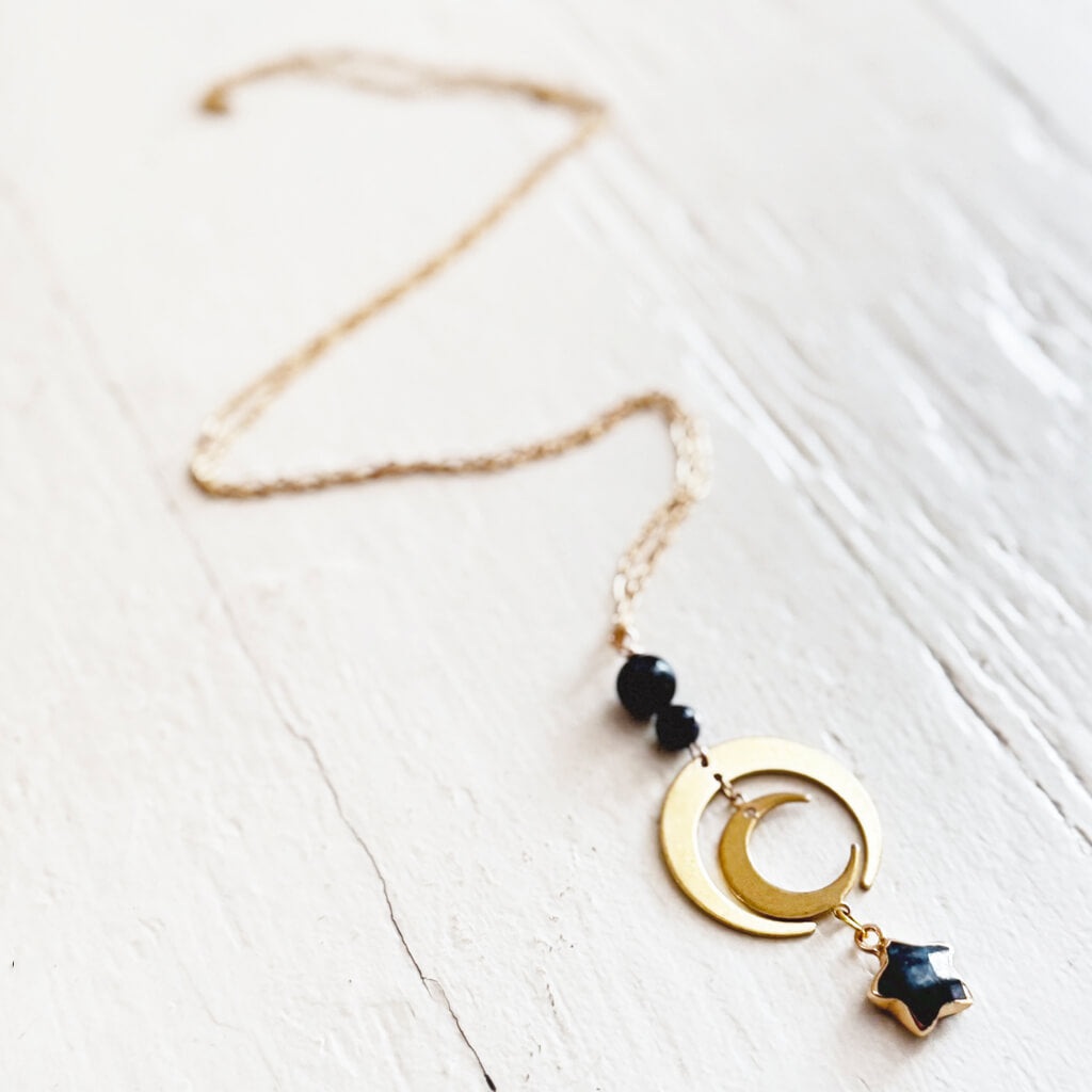 blue moon // brass crescent moon & lapis lazuli star necklace by Peacock and Lime