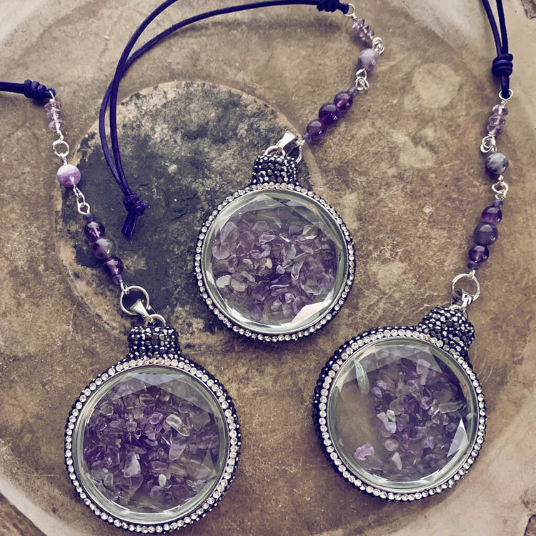 boho sun catcher window ornament - amethyst quartz glass pendant with rhinestone crystal pave border by Peacock & Lime