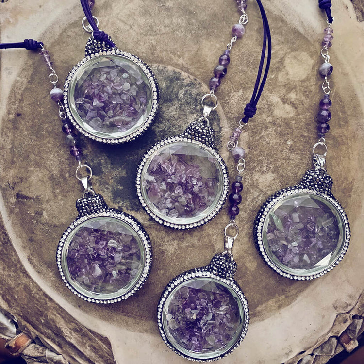 boho sun catcher window ornament - amethyst quartz glass pendant with rhinestone crystal pave border by Peacock & Lime