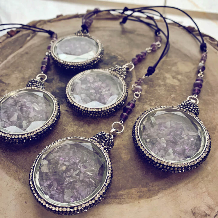 boho sun catcher window ornament - amethyst quartz glass pendant with rhinestone crystal pave border by Peacock & Lime