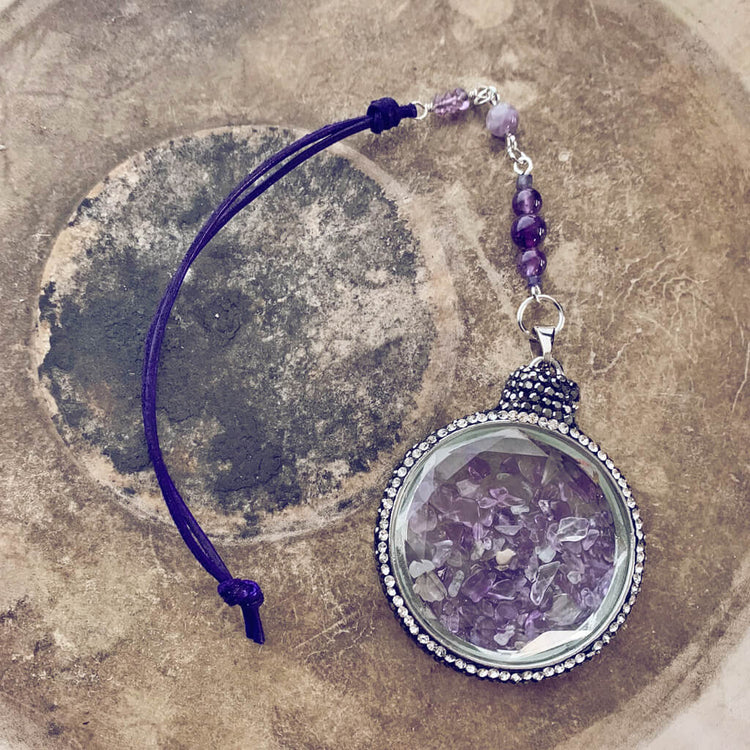 boho sun catcher window ornament - amethyst quartz glass pendant with rhinestone crystal pave border by Peacock & Lime