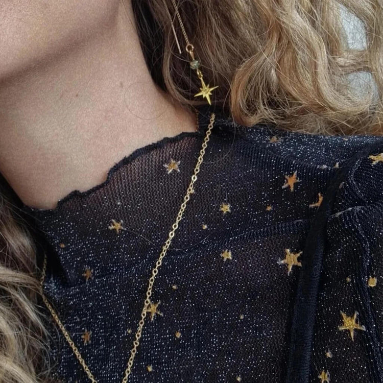 bright twilight star brass theader earrings worn on model by Peacock & Lime