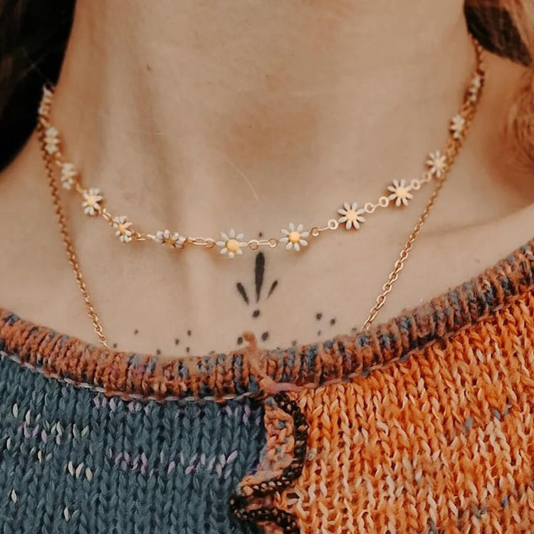 daisy chain choker // white & yellow enamel flower necklace / wrap bracelet worn on model - by Peacock & Lime