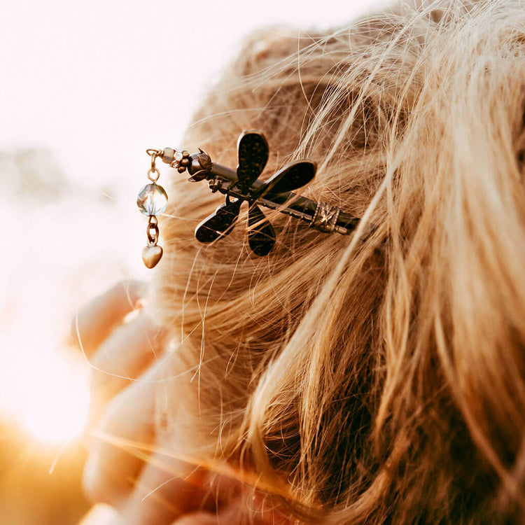 forest dragonfly // wooden dragonfly embellished hairpin, hair stick worn on model - by Peacock & Lime