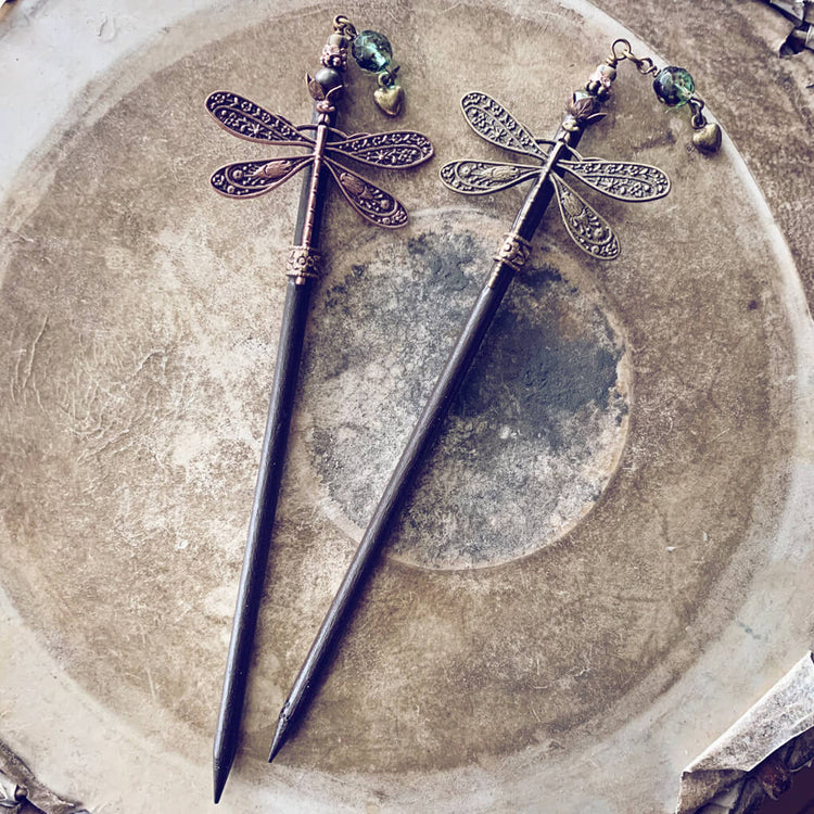 dragonfly realm // wooden dragonfly embellished hairpin, hair stick by Peacock & Lime