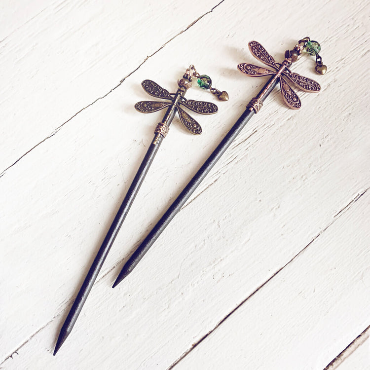 dragonfly realm // wooden dragonfly embellished hairpin, hair stick by Peacock & Lime