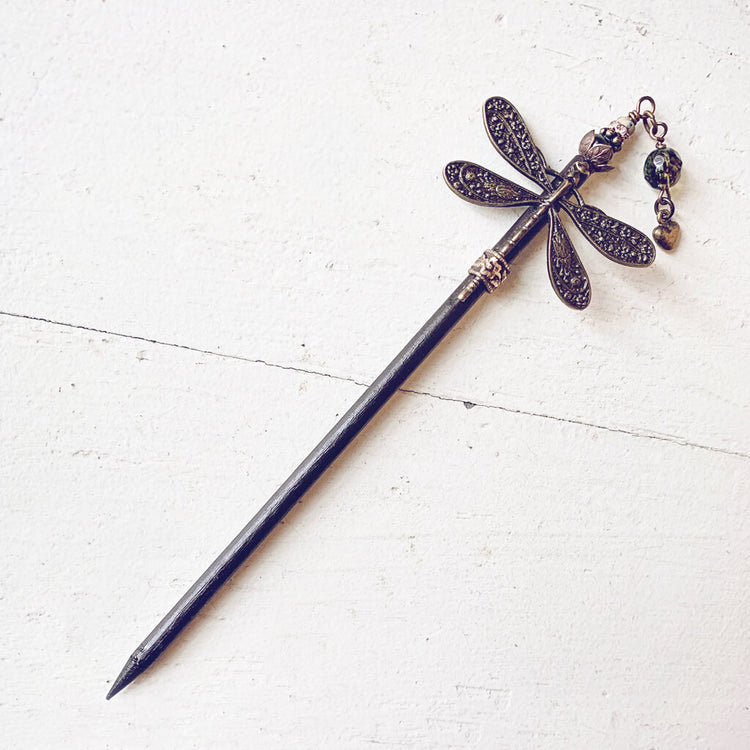 dragonfly realm // wooden dragonfly embellished hairpin, hair stick by Peacock & Lime