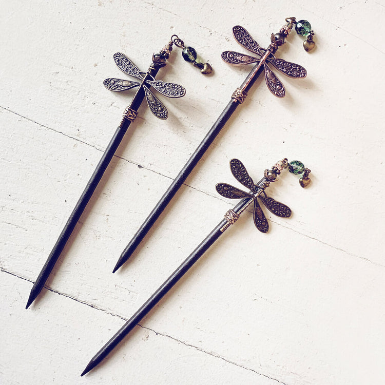 dragonfly realm // wooden dragonfly embellished hairpin, hair stick by Peacock & Lime