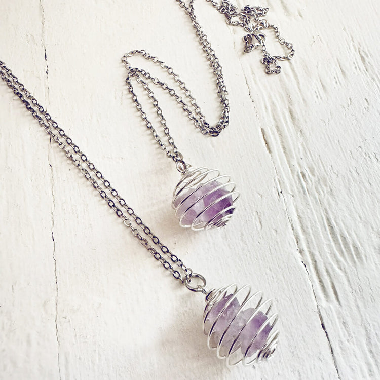 encapsulate silver // caged amethyst quartz crystal gemstone necklace by Peacock & Lime