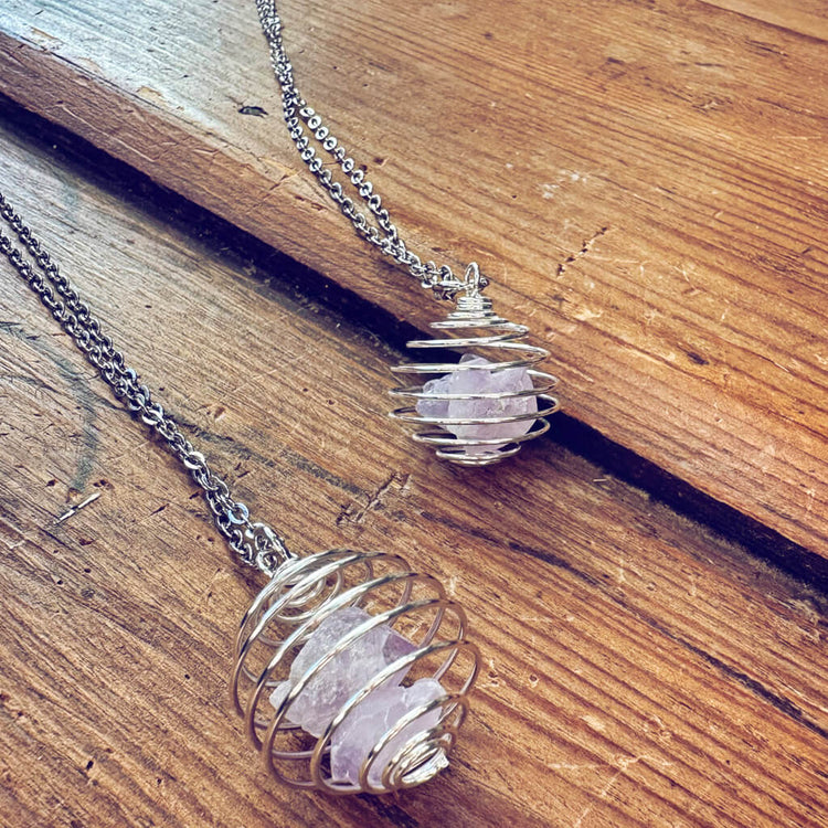 encapsulate silver // caged amethyst quartz crystal gemstone necklace by Peacock & Lime