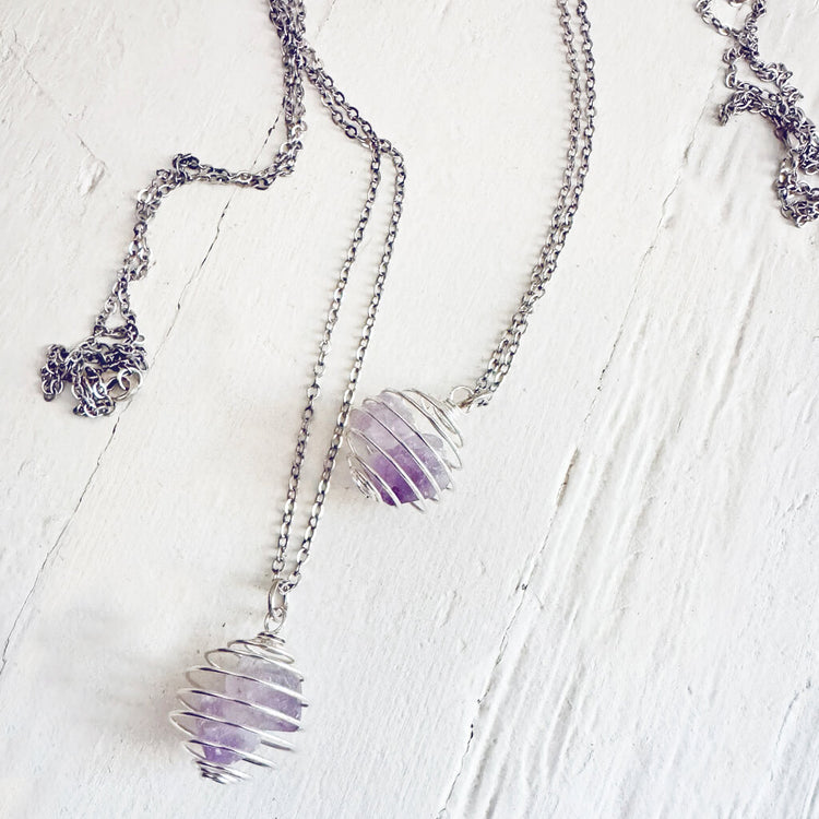 encapsulate silver // caged amethyst quartz crystal gemstone necklace by Peacock & Lime