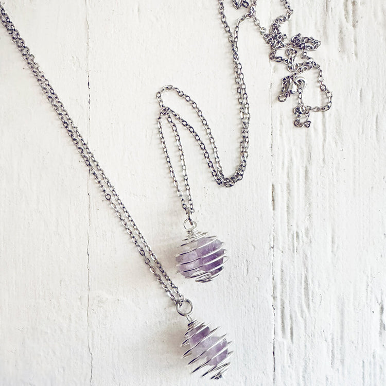 encapsulate silver // caged amethyst quartz crystal gemstone necklace by Peacock & Lime