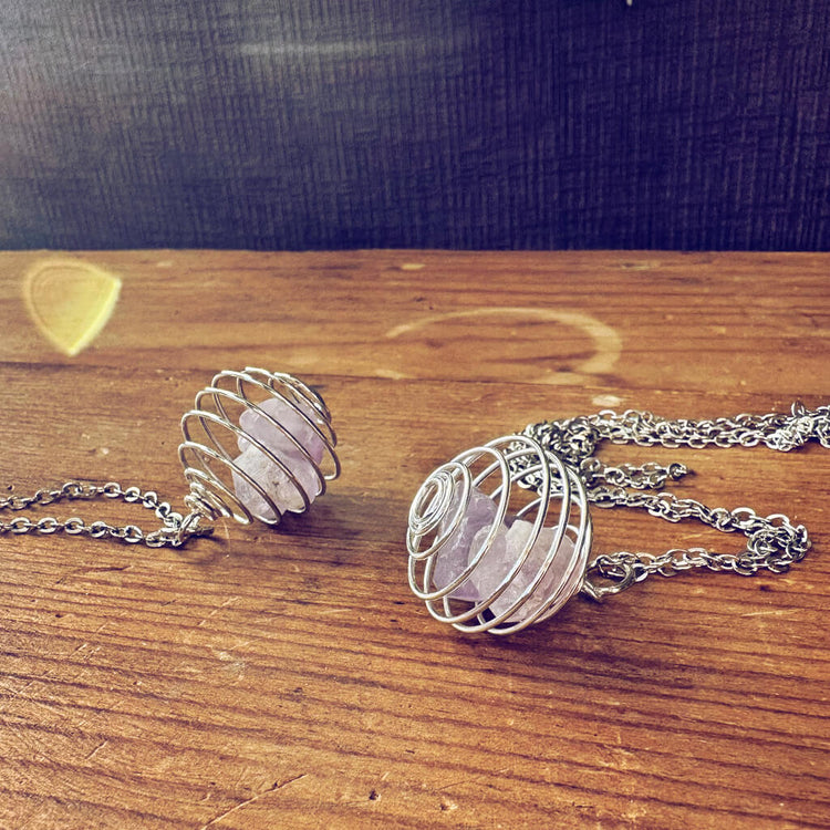 encapsulate silver // caged amethyst quartz crystal gemstone necklace by Peacock & Lime