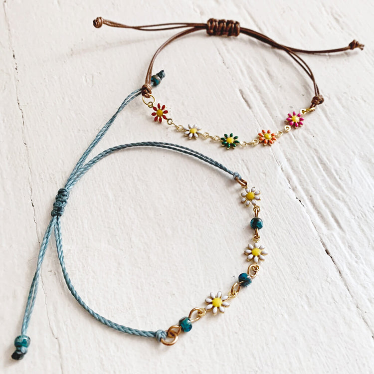 flower child // enamel daisy flower chain and adjustable cord bracelets by Peacock & Lime