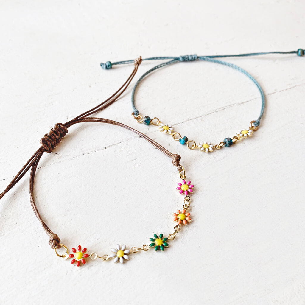 flower child // enamel daisy flower chain and adjustable cord bracelets by Peacock & Lime