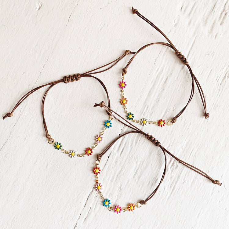 flower child // enamel daisy flower chain and adjustable cord bracelets by Peacock & Lime