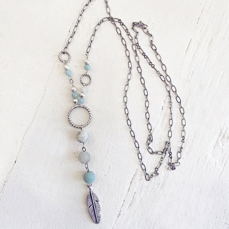 focus // amazonite & hematite long feather pendant necklace - Peacock & Lime