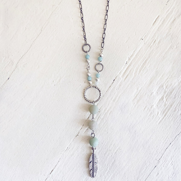 focus // amazonite & hematite long feather pendant necklace - Peacock & Lime