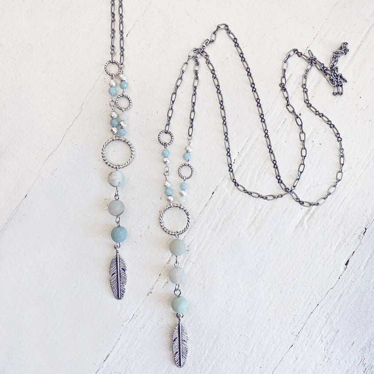 focus // amazonite & hematite long feather pendant necklaces - Peacock & Lime