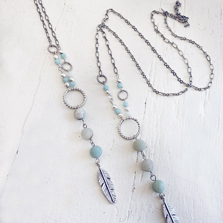 focus // amazonite & hematite long feather pendant necklaces - Peacock & Lime