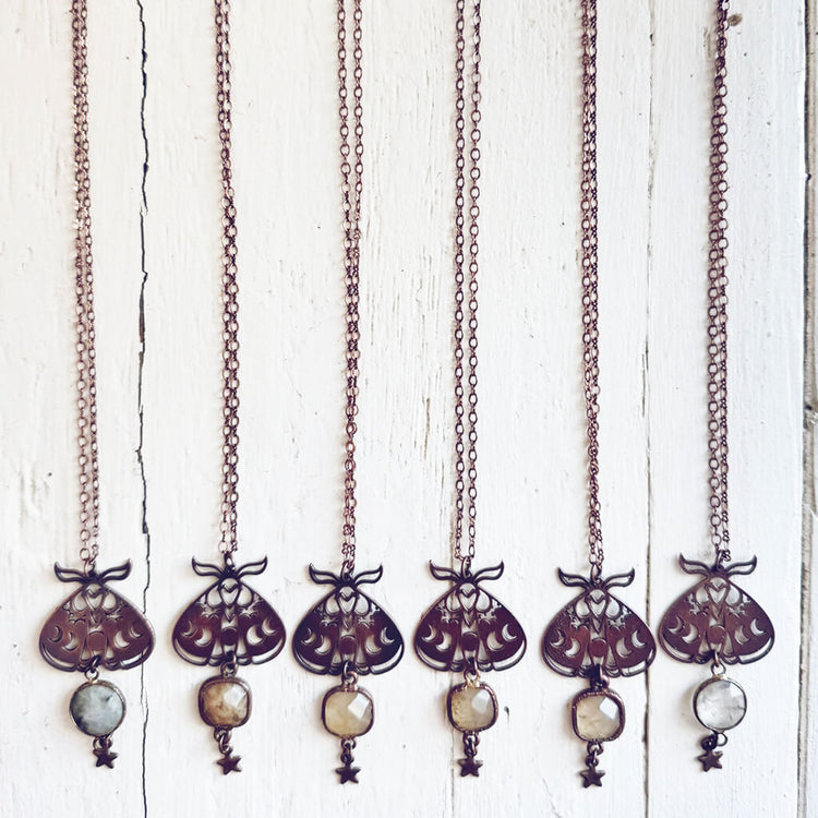 forest moon // copper electroformed moth pendant necklaces by Peacock and Lime