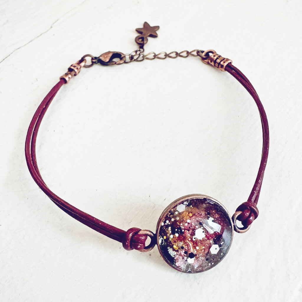 galaxy leather // sparkly celestial leather bracelet - red leather - by Peacock & Lime
