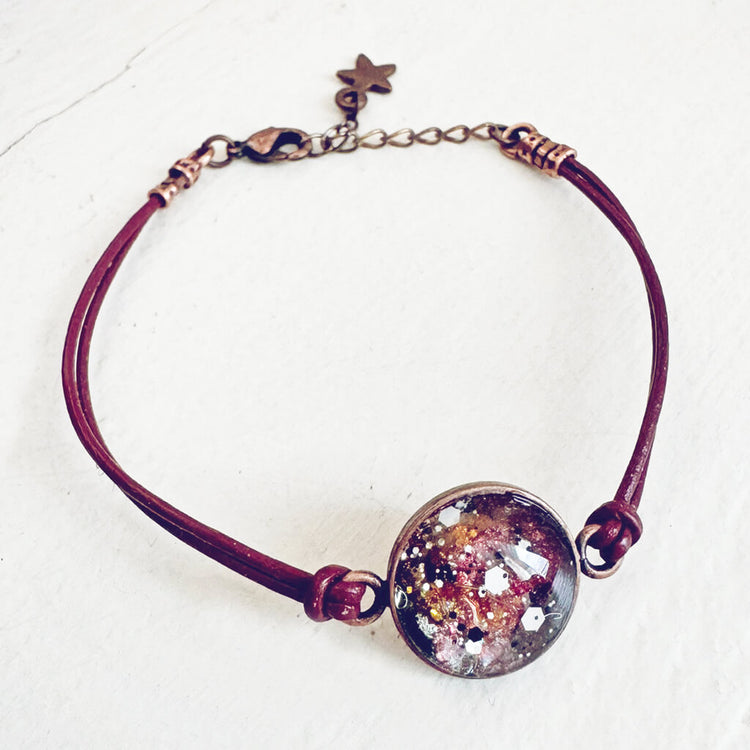galaxy leather // sparkly celestial leather bracelet - red leather - by Peacock & Lime