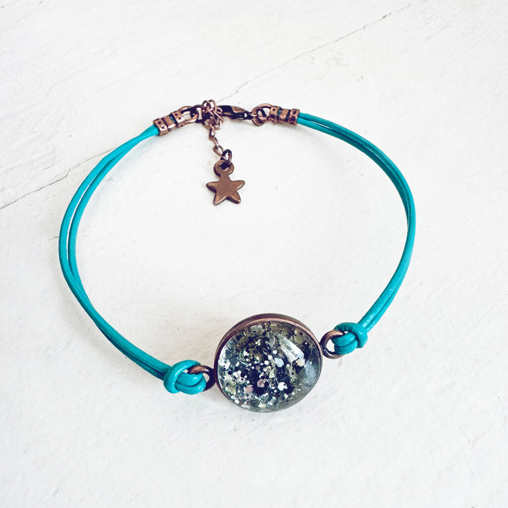 galaxy leather // sparkly celestial leather bracelet - teal leather - by Peacock & Lime