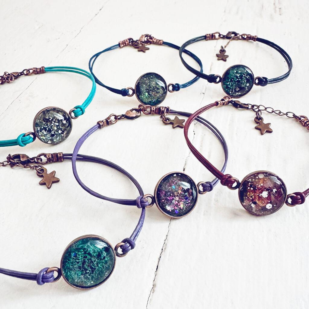galaxy leather // sparkly celestial leather bracelets by Peacock & Lime