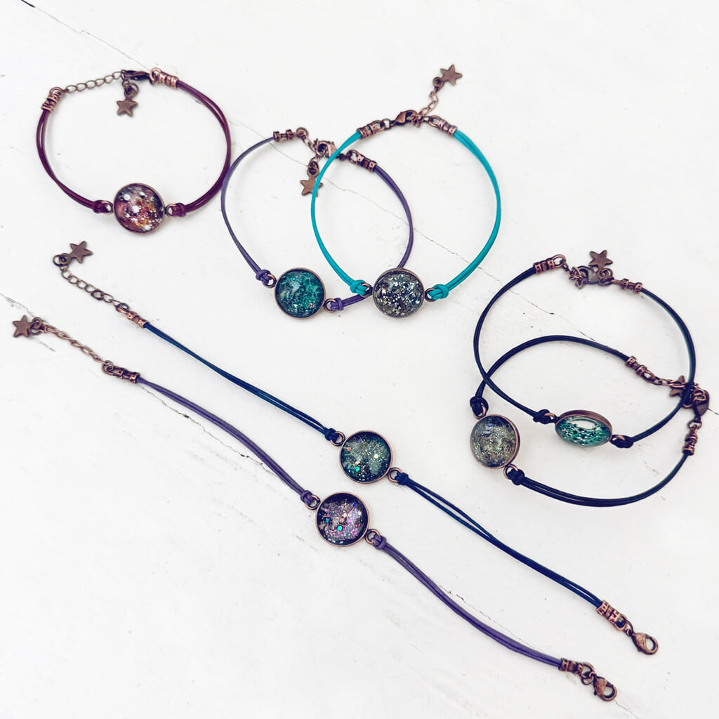 galaxy leather // sparkly celestial leather bracelets by Peacock & Lime