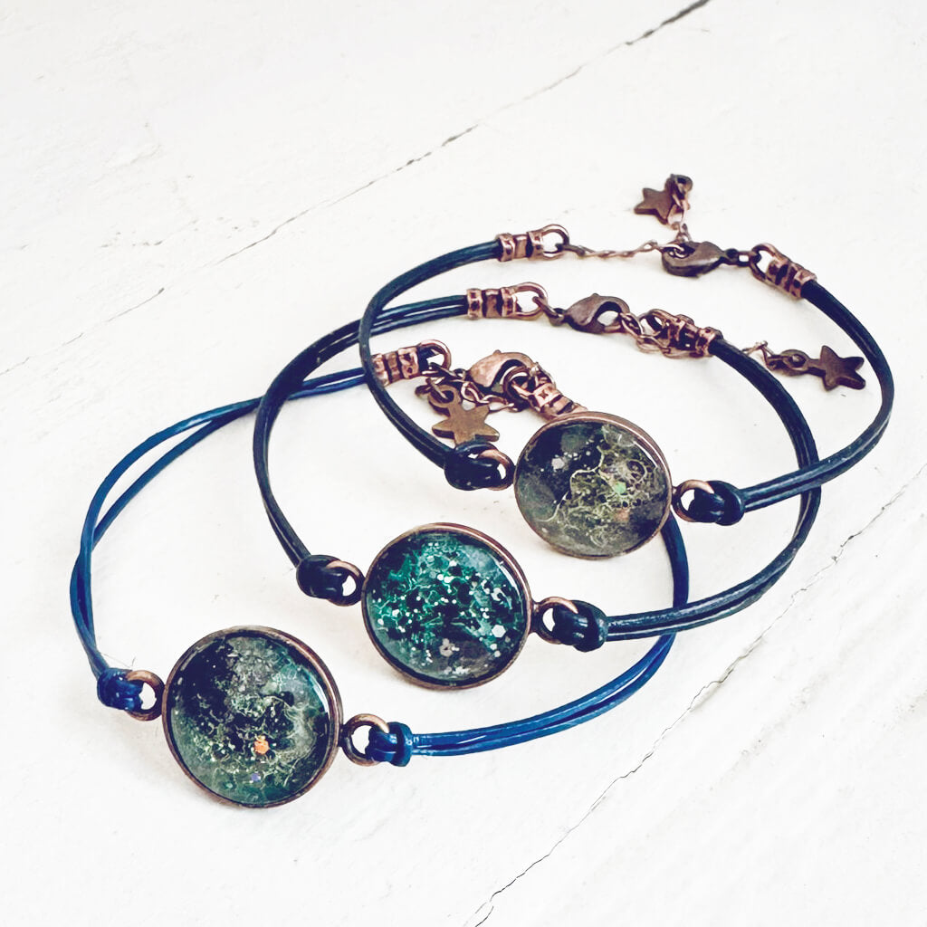 galaxy leather // sparkly celestial leather bracelets - navy blue leather - by Peacock & Lime