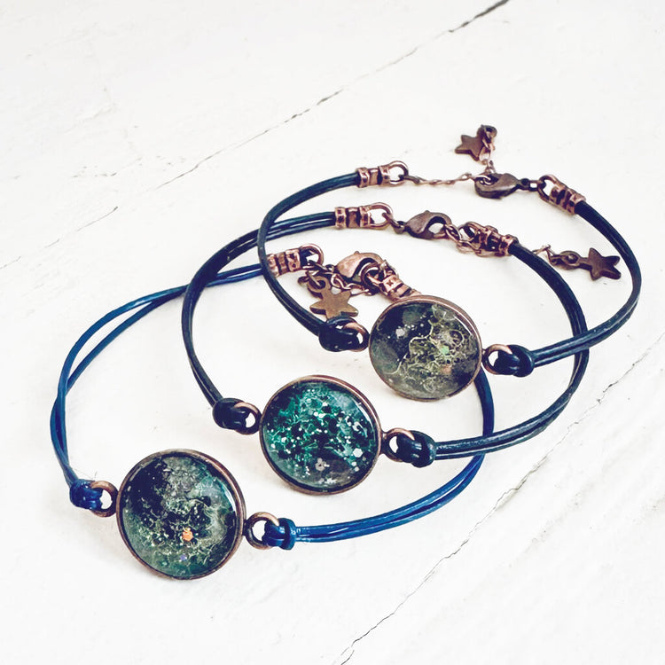 galaxy leather // sparkly celestial leather bracelets - navy blue leather - by Peacock & Lime