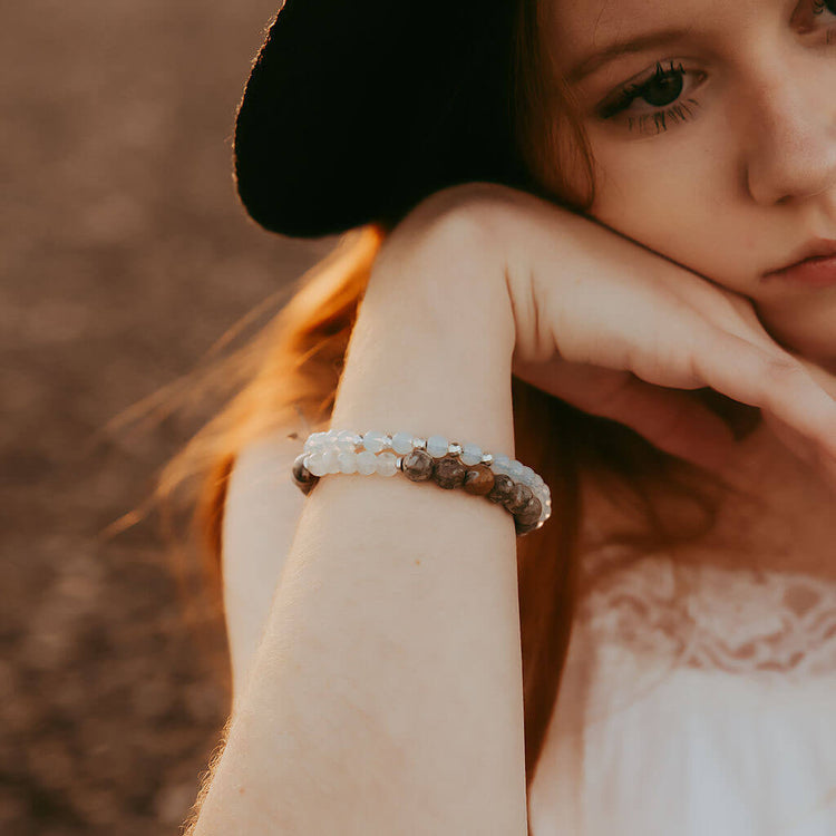 tiny treasure // mini gemstone bead stacker bracelet worn on model with harmony moonstone & fossil jasper gemstone bead bracelet by Peacock & Lime