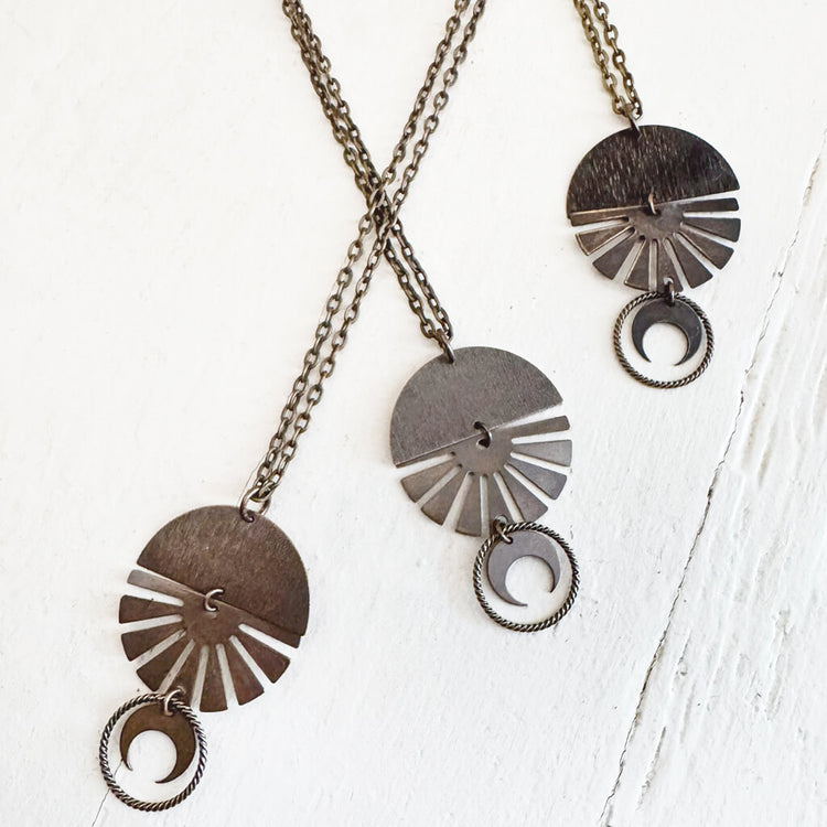 orbis // patina aged darkened sun, moon, sphere & crescent moon necklaces - Peacock & Lime