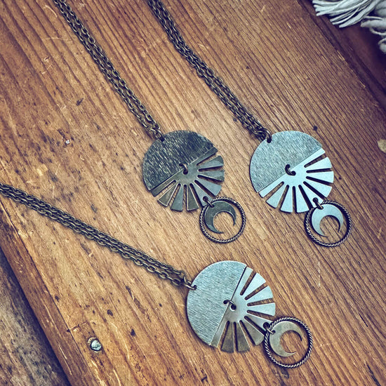 orbis // patina aged darkened sun, moon, sphere & crescent moon necklaces - Peacock & Lime