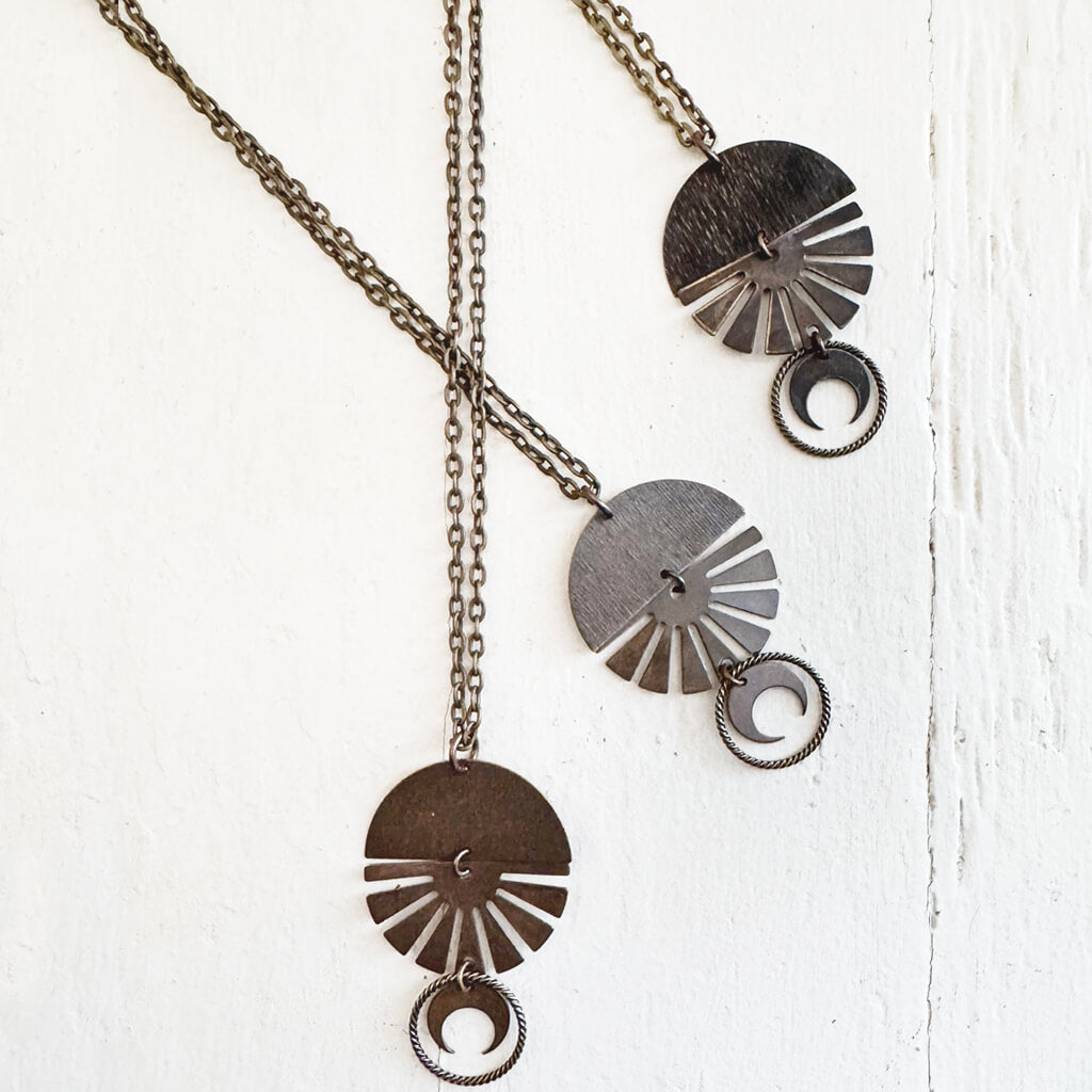 orbis // patina aged darkened sun, moon, sphere & crescent moon necklaces - Peacock & Lime