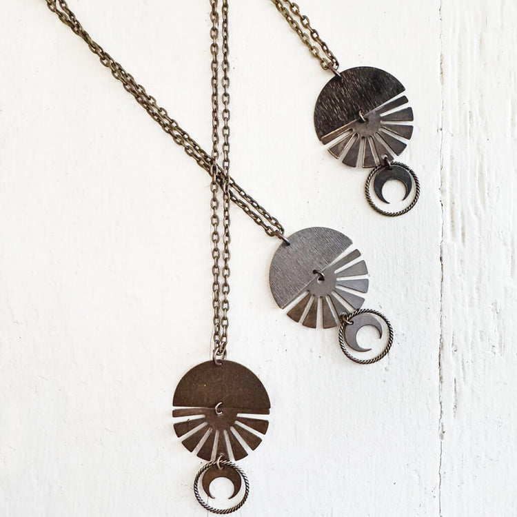 orbis // patina aged darkened sun, moon, sphere & crescent moon necklaces - Peacock & Lime