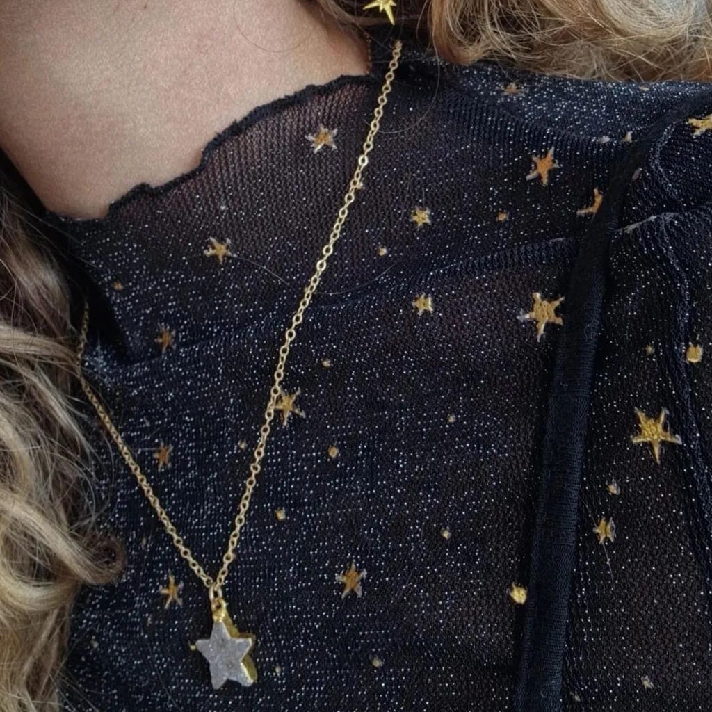 shooting star // simple druzy star pendant necklace worn on model by Peacock & Lime