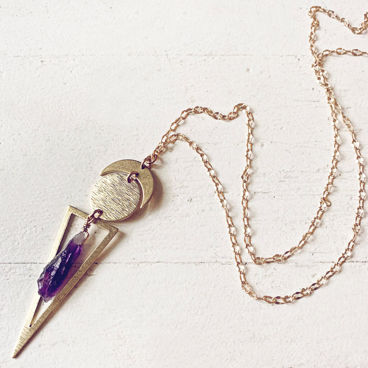 skygazer with amethyst // crescent moon, full moon, amethyst crystal and long triangle pendant necklace by Peacock and Lime