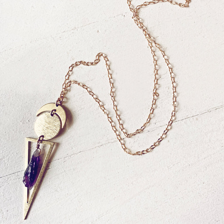 skygazer with amethyst // crescent moon, full moon, amethyst crystal and long triangle pendant necklace by Peacock and Lime