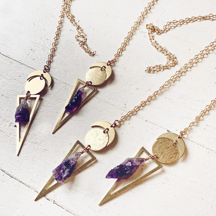 skygazer with amethyst // crescent moon, full moon, amethyst crystal and long triangle pendant necklaces by Peacock and Lime