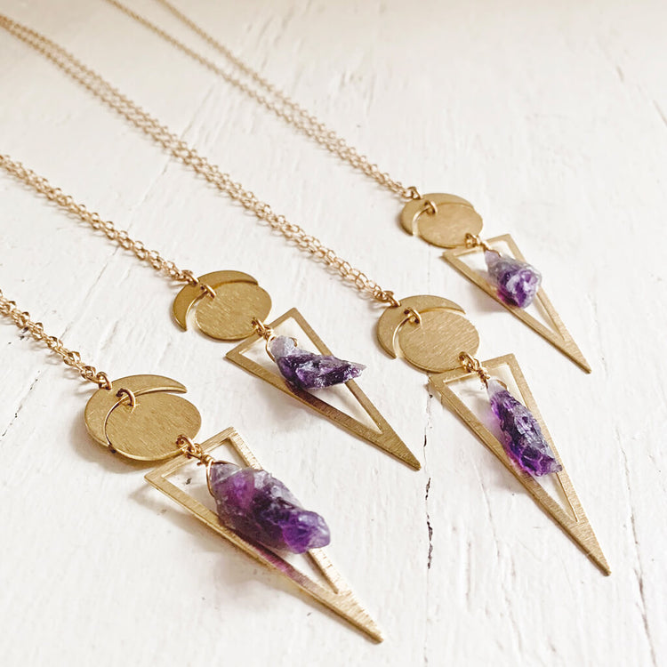 skygazer with amethyst // crescent moon, full moon, amethyst crystal and long triangle pendant necklaces by Peacock and Lime