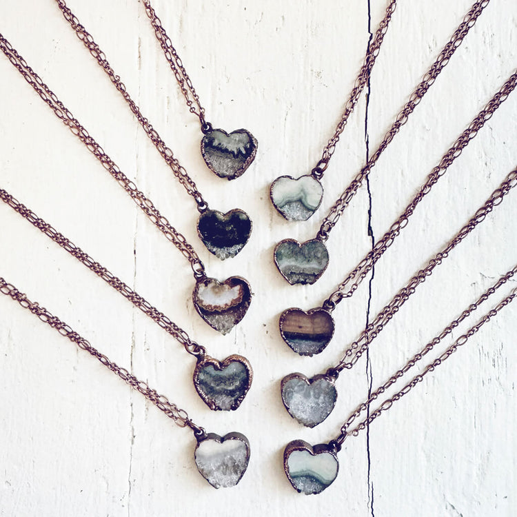 smitten // copper electroformed natural raw quartz amethyst heart pendant necklaces by Peacock & Lime