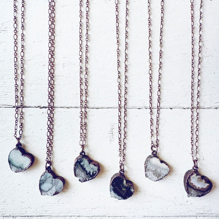 smitten // copper electroformed natural raw quartz amethyst heart pendant necklaces by Peacock & Lime