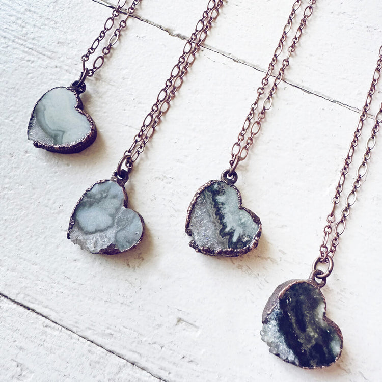 smitten // copper electroformed natural raw quartz amethyst heart pendant necklaces by Peacock & Lime